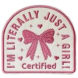 Tavashome Certified I'm Literally Just A Girl Embroidered Iron on Sew on Patches, 3.15' x 3.34' Sized, Pink Bow Tie Applique Patches for Hats Clothes Backpack Bags Dog Harness Collar Vests