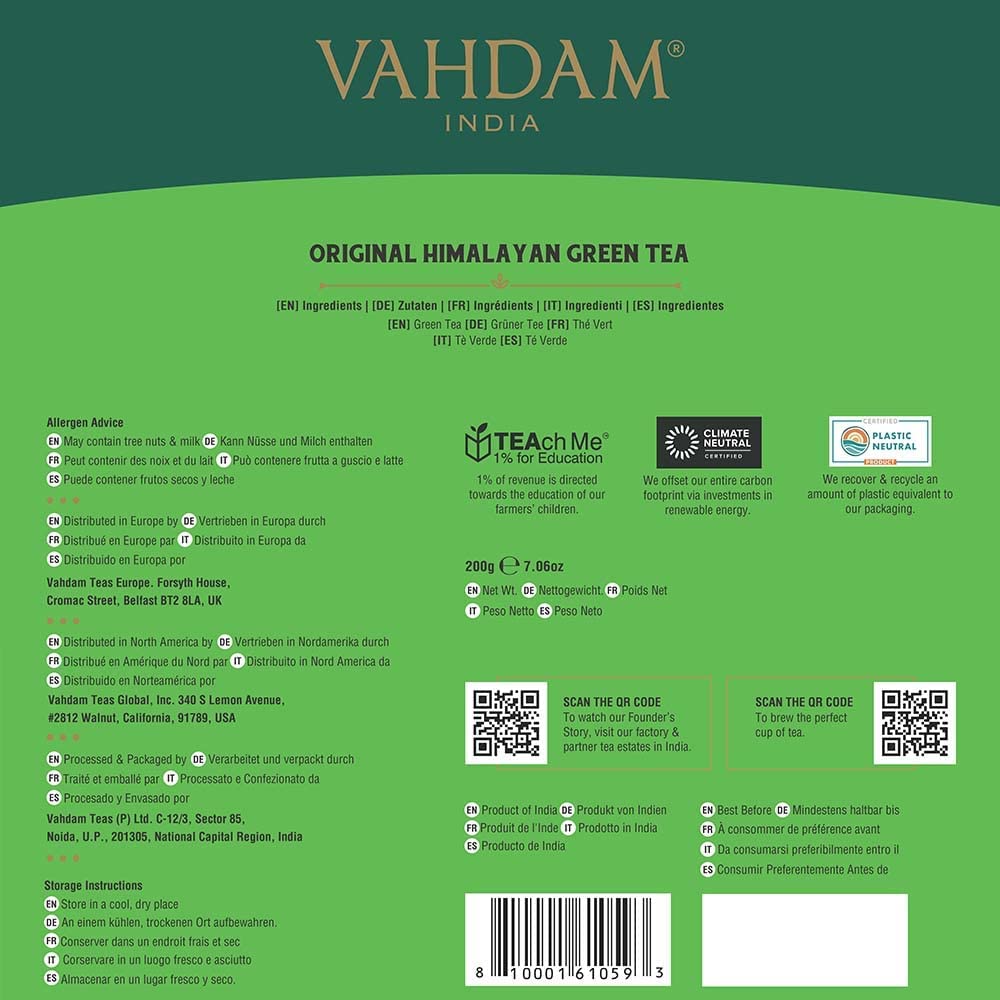 VAHDAM, Organic Himalayan Green Tea (100 Count) High Grown, Non GMO, Gluten Free, Low Caffeine | Earthy & Smooth | Resealable & Plant-Based Pyramid Tea Bags - Image 9