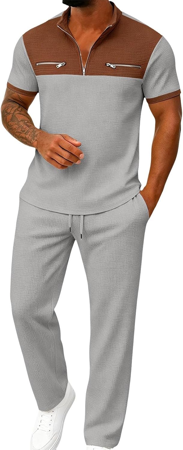 HJINGSUN Summer Outfits for Men Waffle Polo Shirts Outfits | Weekend Travel, Casual Hangouts, Music Events, Resort Lounging, Warm-Weather Strolls, Vacation Photo Moments, Social Meetups
