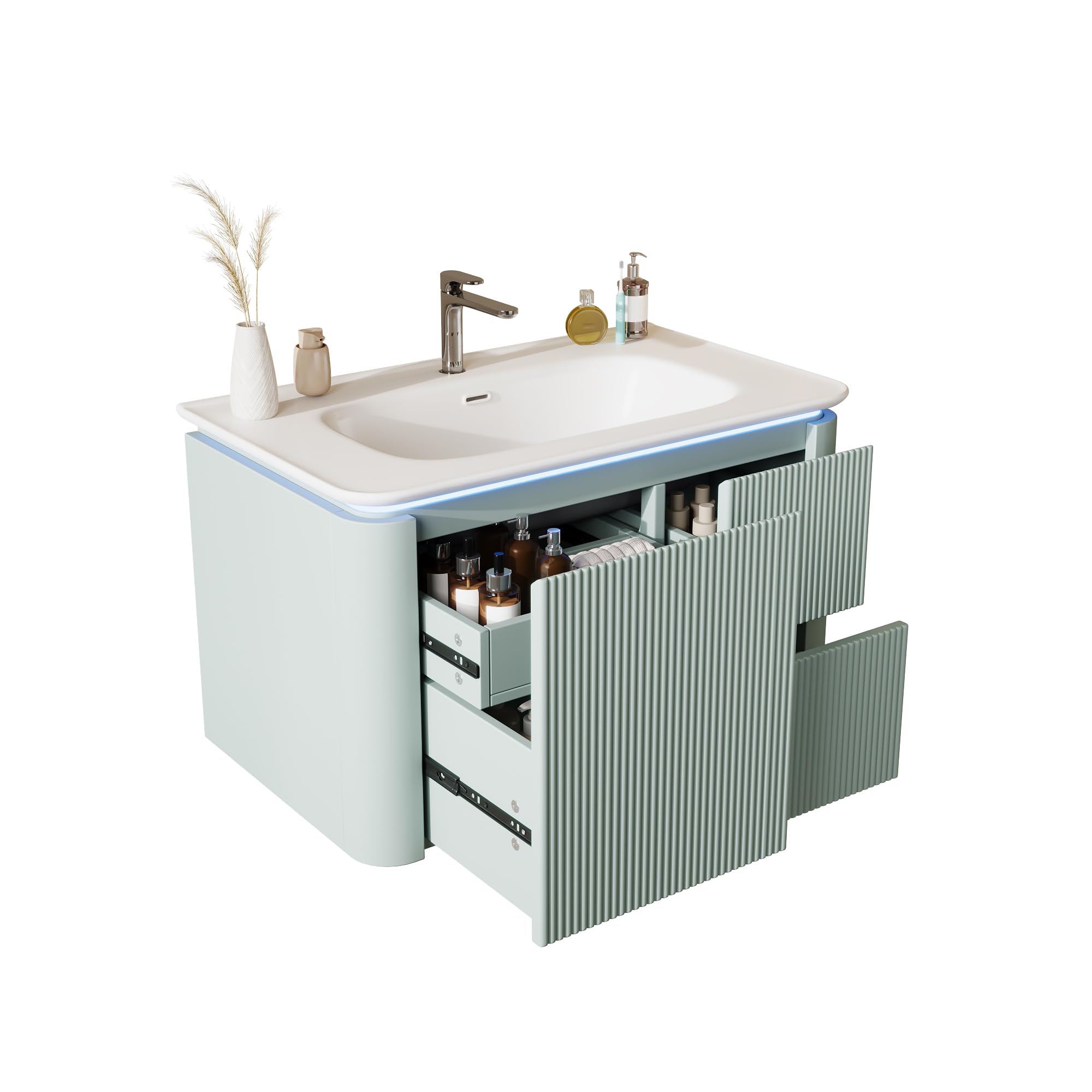 80,5 × 47,5 × 51 cm, armario de lavabo colgante de pared, completamente lacado, estructura vertical, lámpara LED con sensor de movimiento de radar, cajones silenciosos, lavabo de una pieza