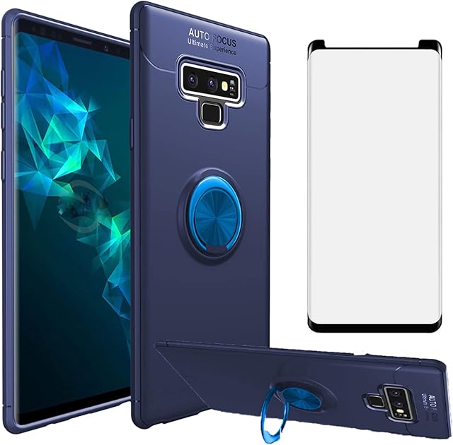 Compatible with Samsung Galaxy Note 9 Phone Case and Tempered Glass Screen Protector With Ring Stand Kickstand Silicone Metal Cell Accessories Galaxies Note9 Gaxaly Glaxay Not S9 Cover Women Men Blue