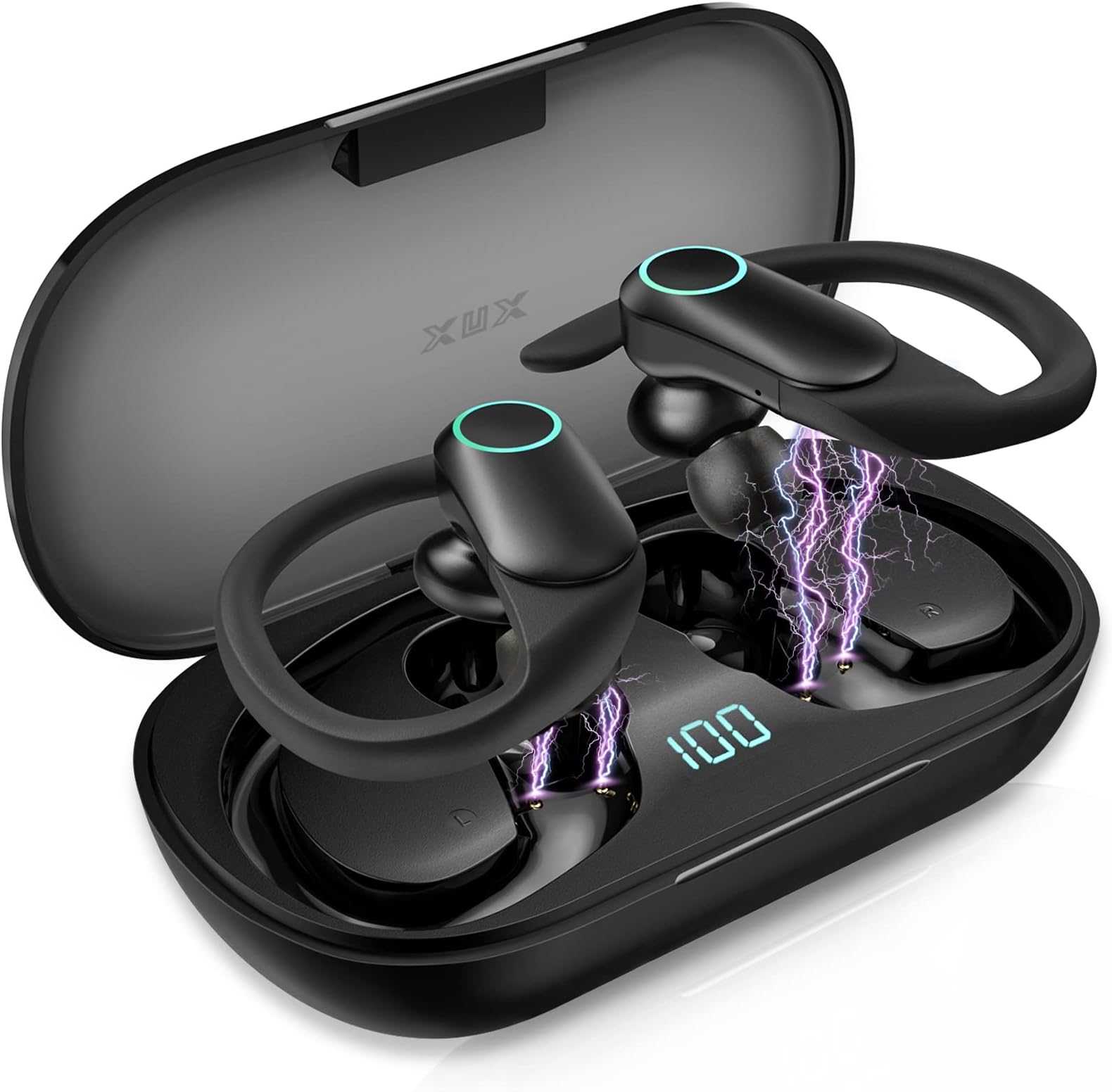 XUX Wireless Earbuds Bluetooth 5.2 Headphones Bluetooth Headphones 4-Mics Clear Call 30H Playtime with Earhooks Sweatproof Waterproof in Ear Earphones for iPhone Android Sports Running Workout Gaming