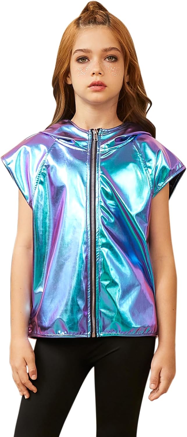 Jxstar Girls Metallic Hoodie Vest Kids Shiny Zip Up Outfit Sleeveless Disco Shirt with Pocket