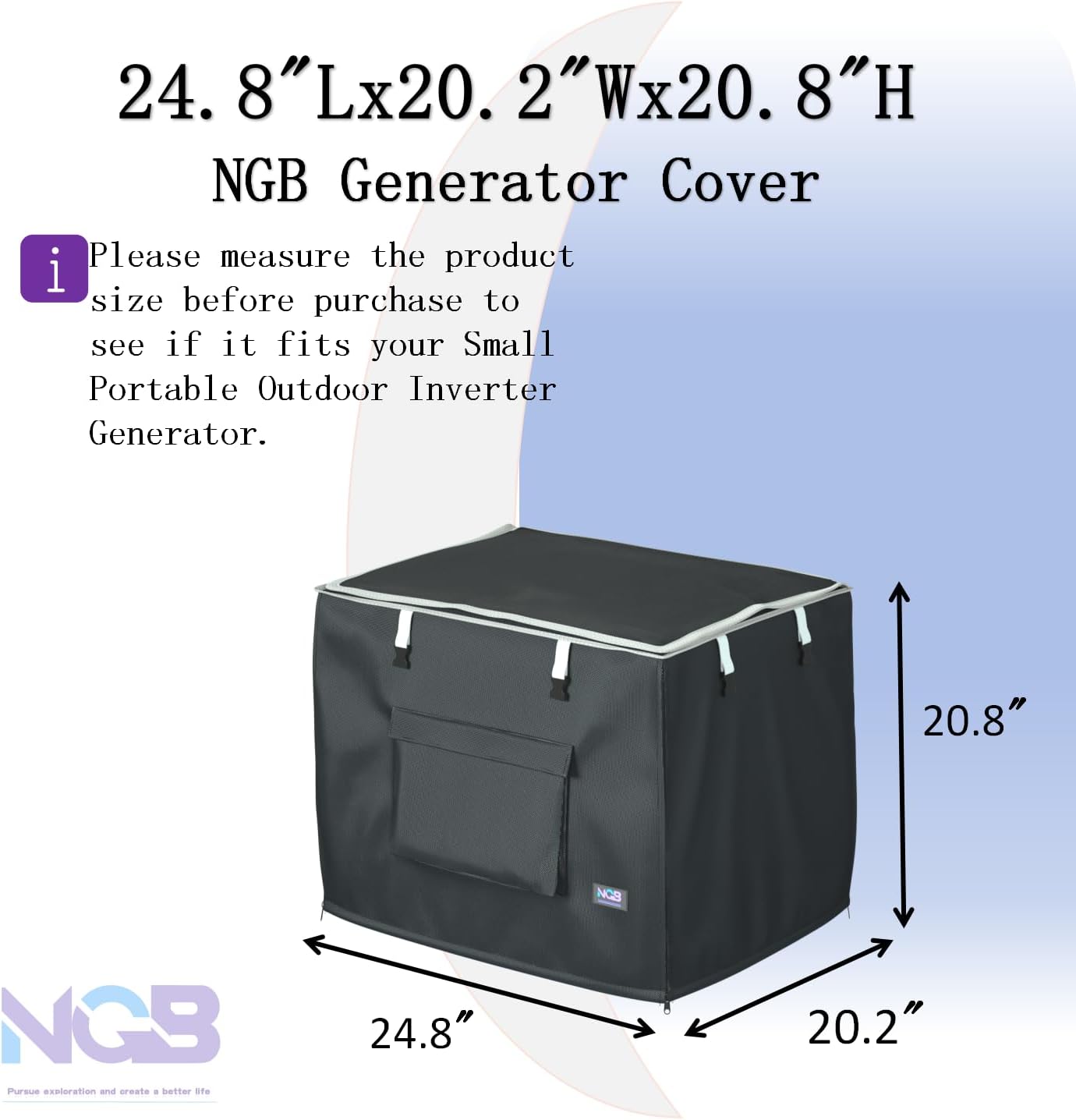 NGB Generator Runing Cover 24.8L x 20.2Wx 20.8H for Universal Most Inverter Generators Made of 600D plus 210D Double Layer Heavy Duty Waterproof Fabric The Top Cover is Waterproof for Refueling.