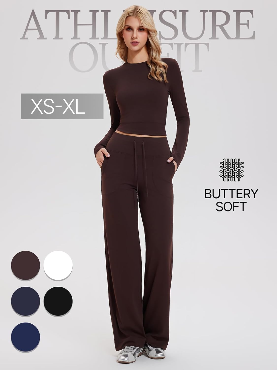 Women’s 2 Piece Lounge Sets Slim Crew Neck Long Sleeve Top & High Waist Straight Pants Tracksuit Sweatsuit Fall Travel Outfit - Image 3