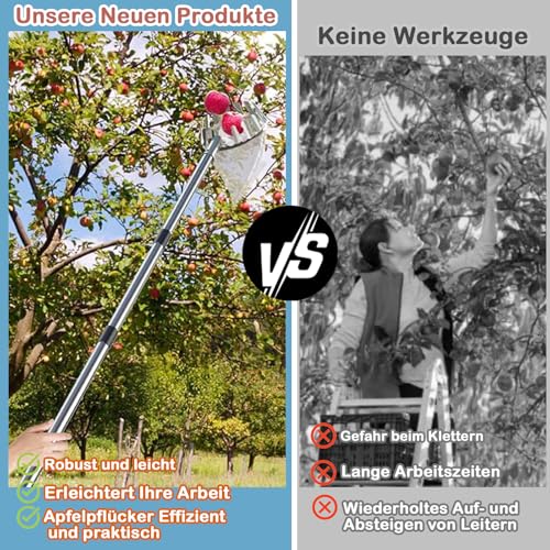 4,2m Obstpflücker mit Teleskopstiel, Apfelpflücker, Kirschenpflücker mit Leichter Edelstahl Teleskoppfahl und Baumwollbeutel, Fruit Collector, Obstgreifer Einfach zu Montieren, Pflaumenpflücker