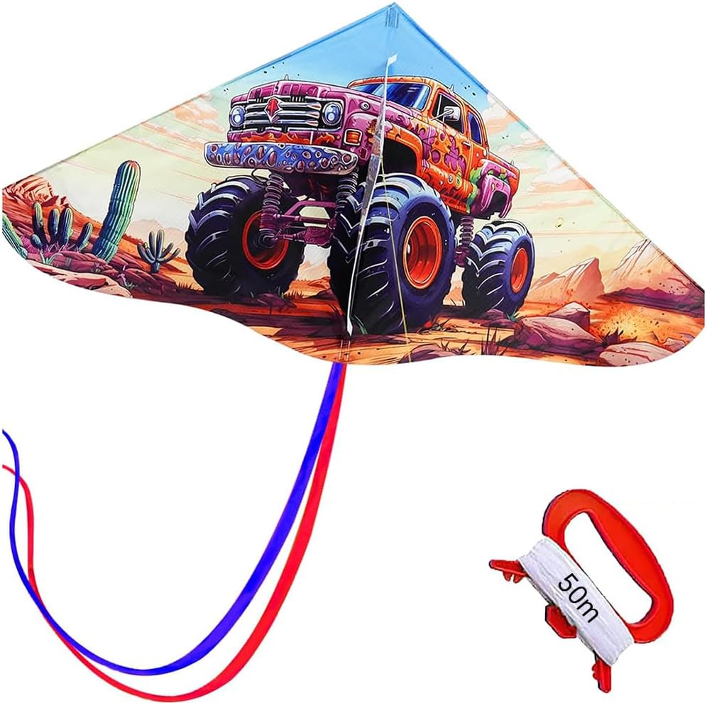 TisTik Children's Cartoon Animal Kite, Easy To Fly Monster Trucks Kite for Kids & Adults Beach Kite with 118" Long Tail & 164Ft Kite String for Toddlers Age 2-12 & Beginners & Outdoor Games & Activiti