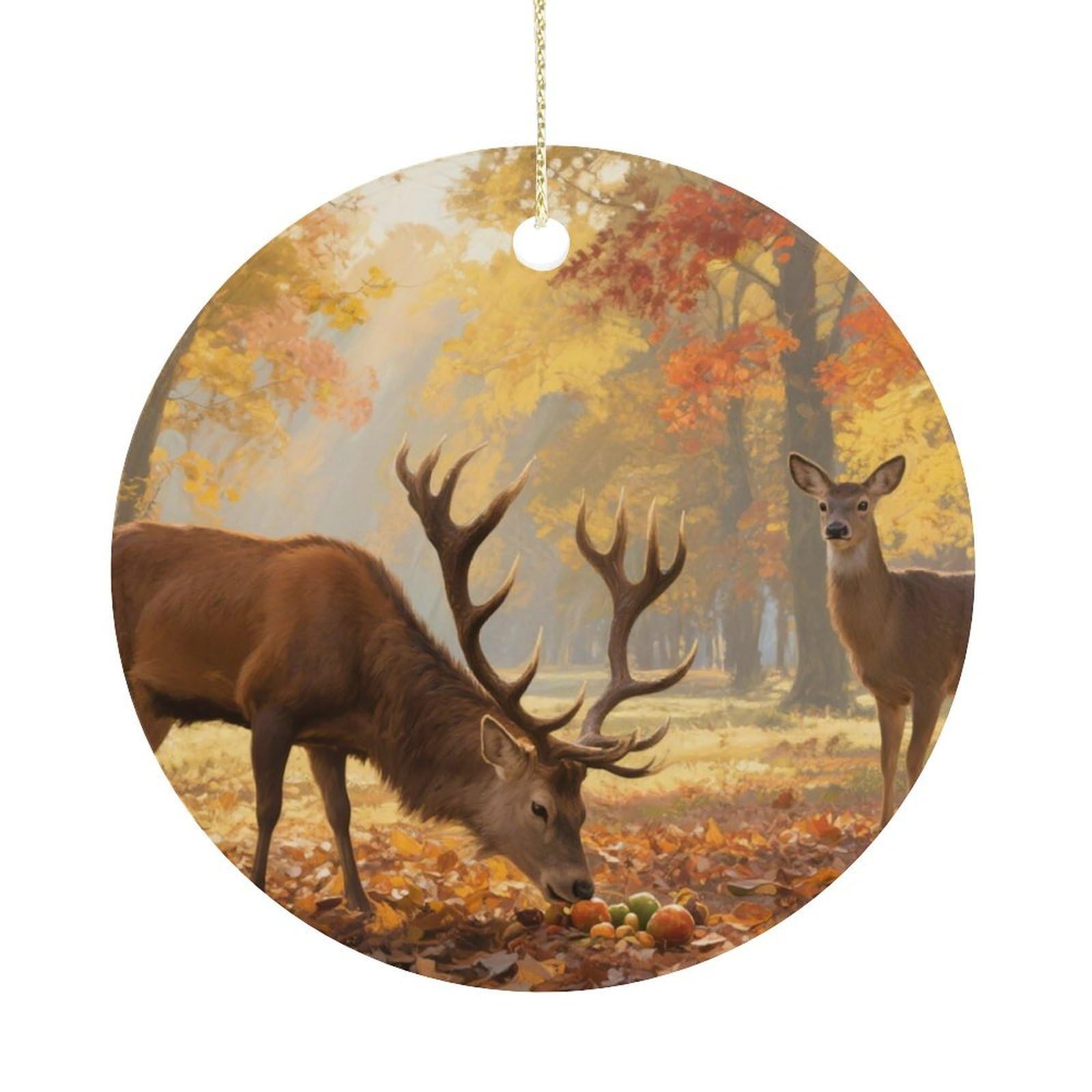 Personalized Christmas Ornaments 2025 Ceramic Hanging Deers Fall Trees Ornaments with Gold String Double-Sided Vintage Holiday Decorations for Tree Mantel Tabletop Xmas Party Favors