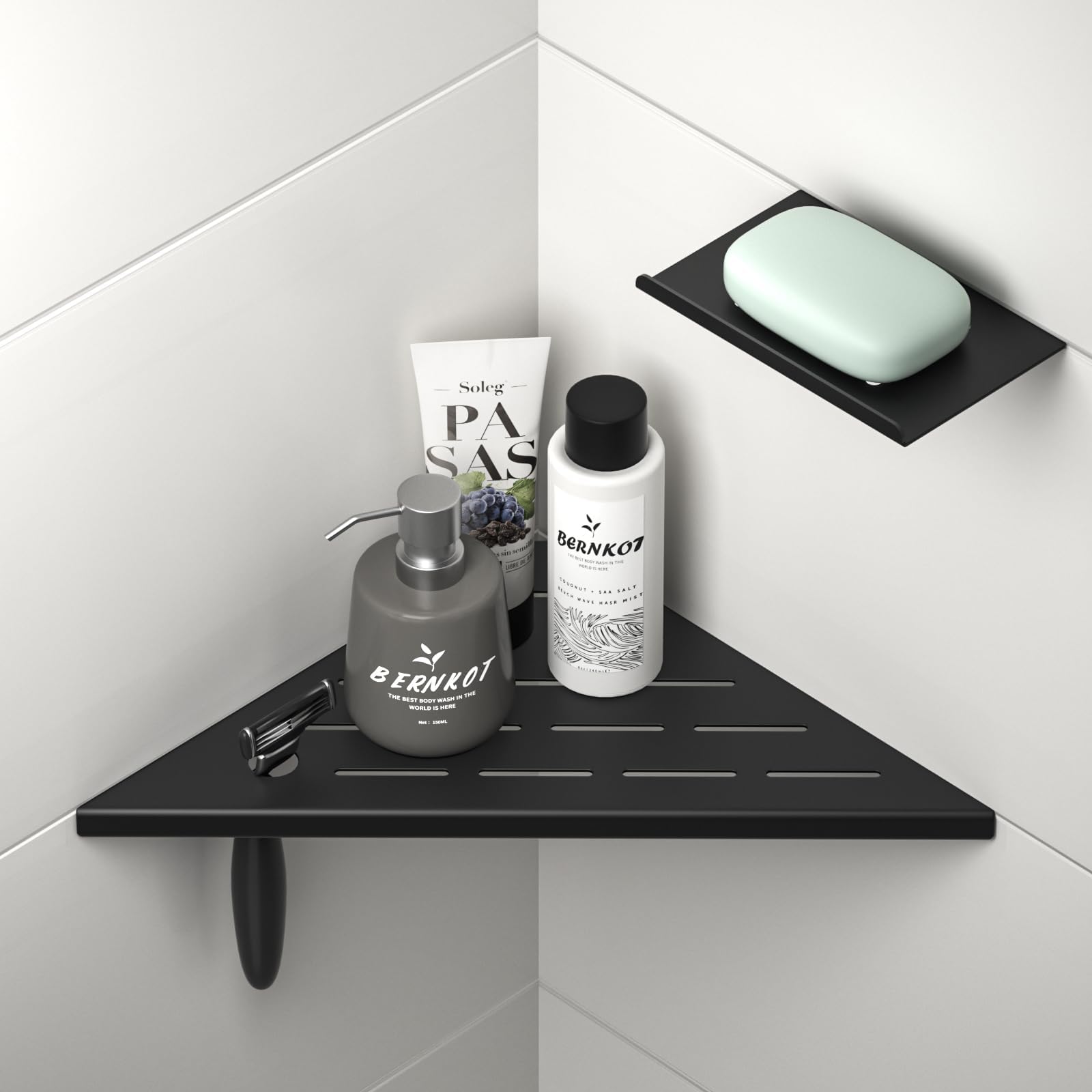 10'' Corner Shower Shelf w/Soap Holder, 304 Stainless Steel Grout in Shelf for Bathroom, Recessed Shelf for Tiled Wall, No Drilling Needed (Black)