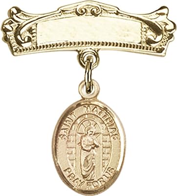 14kt Yellow Gold Baby Badge with St. Matthias the Apostle Charm and Arched Polished Badge Pin 7/8 X 3/4 inches