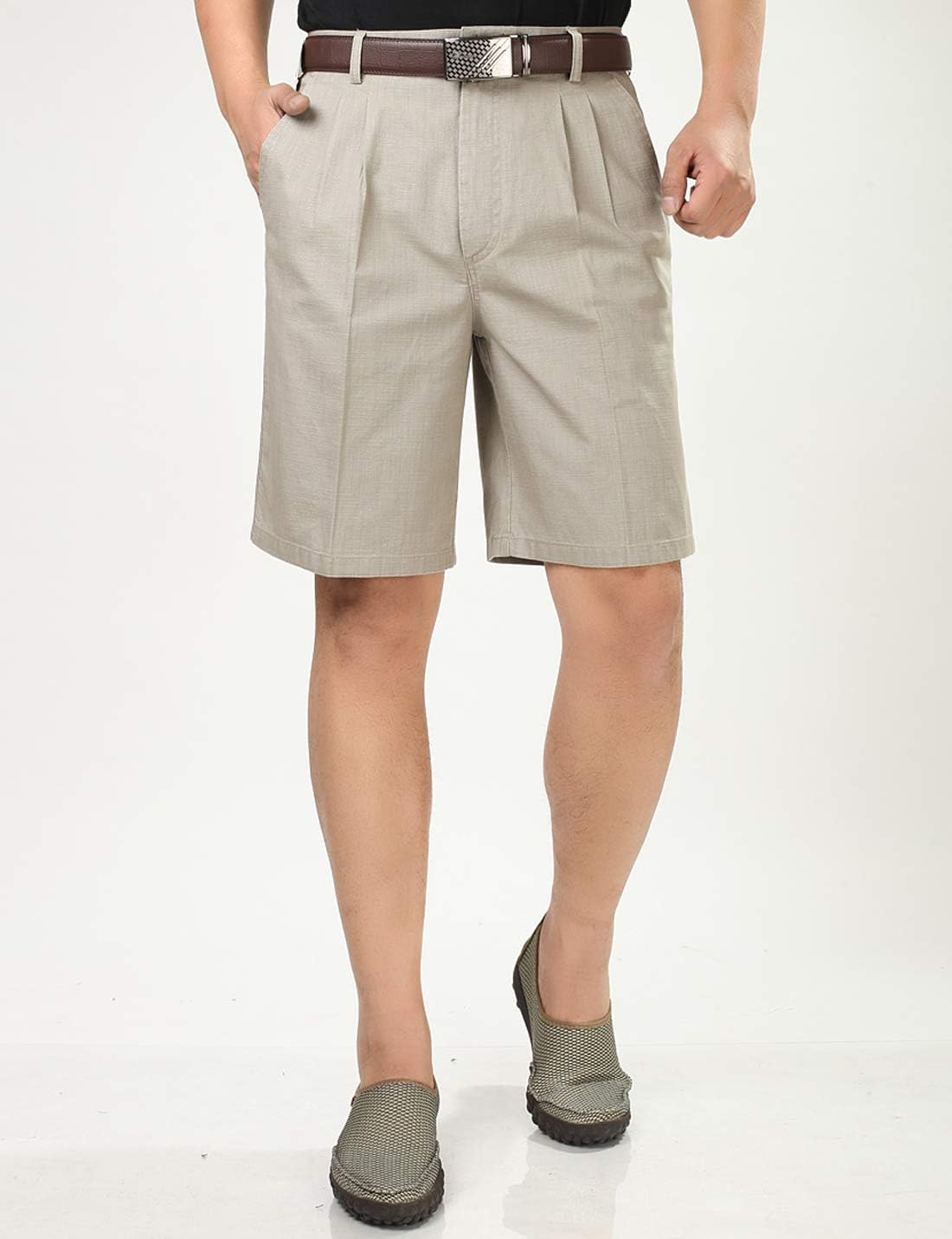Locachy Men's Classic Fit Line Double Pleated Golf Shorts
