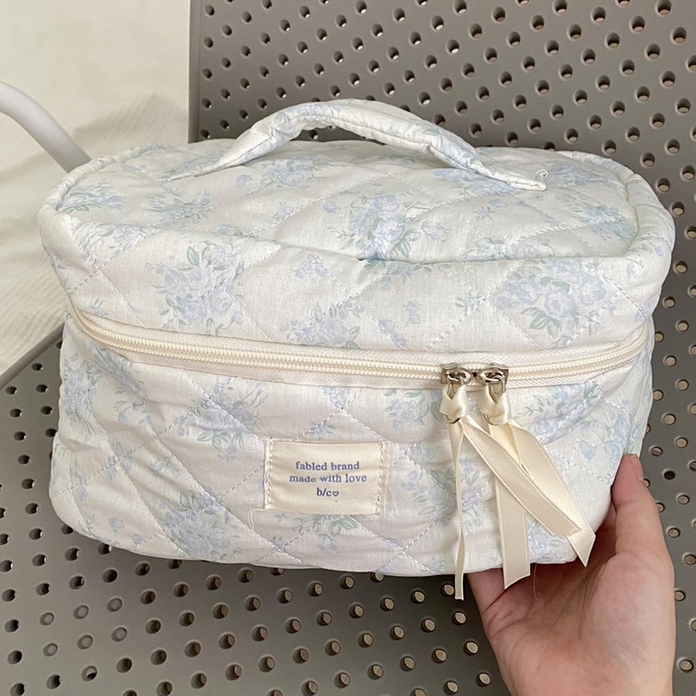Starnearby Women's Soft Cotton Quilted Toiletry Bag, Floral Makeup Bag, Makeup Storage Pouch, Quilted Makeup Pouch, Travel Cosmetic Bag - 3