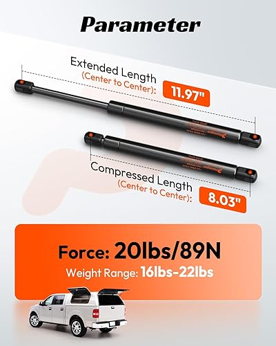 Miniatura 132 de Puntales de elevación de gas de 12 pulgadas, C16-10788, 35 libras; para cámper Leer, Snugtop, ventana trasera de cámper, tapa de caja