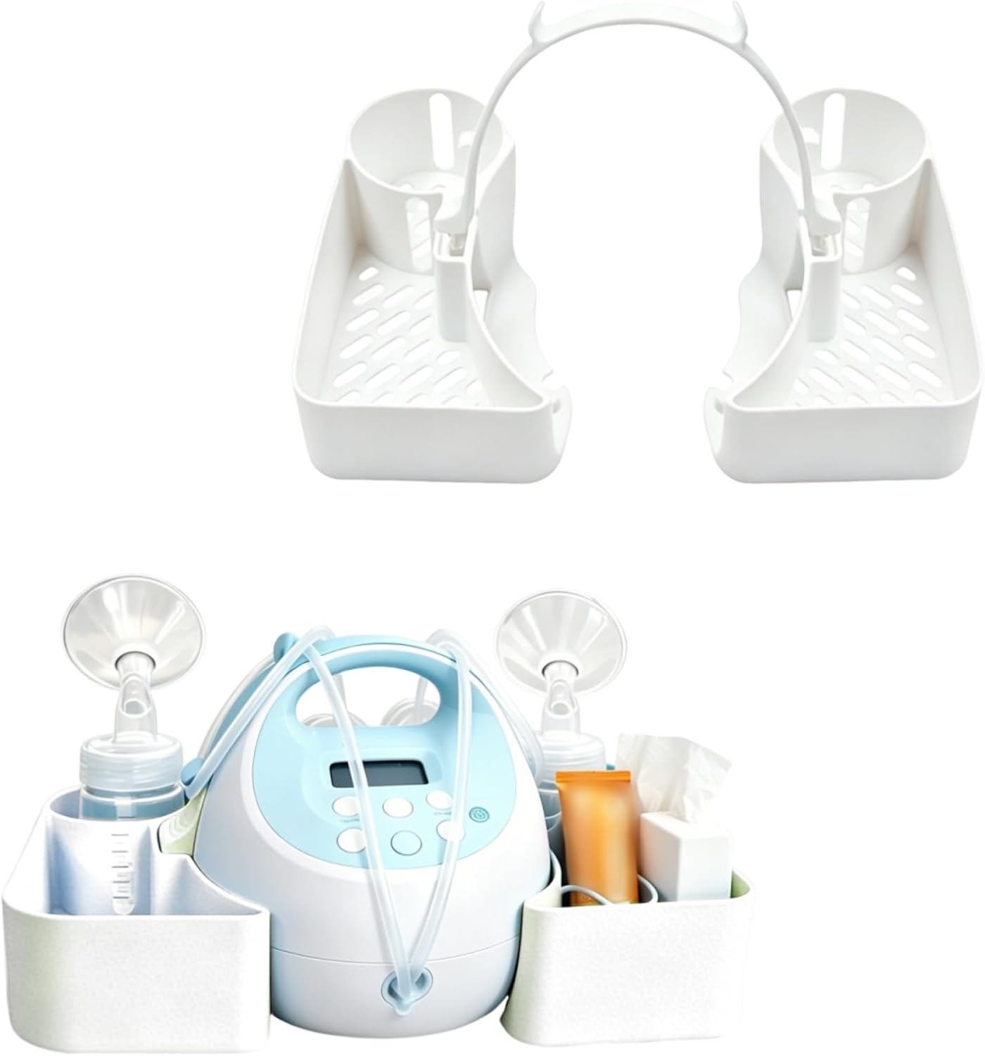 Compatible with Spectra Pump Caddy Organizer | S1 S2 Bottle Holder & Cord Storage – Side Trays for Breast Pump Accessories, Phone, Snacks, Cream (White)