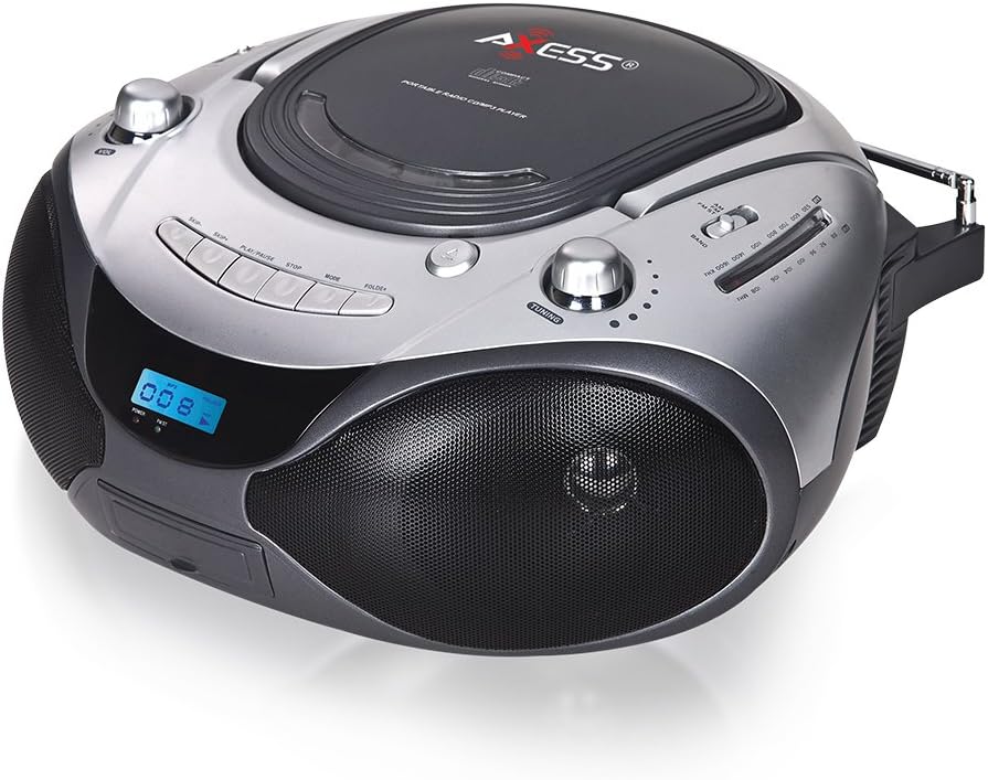 AXESS PB2708 Portable MP3/CD Player with AM/FM Radio Boombox with Aux Jack (Silver)
