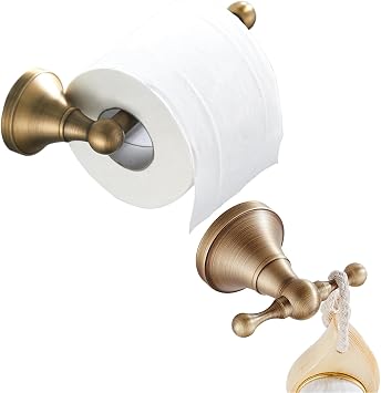 Flybath Toilet Paper Holder and Towel Hook Set Wall Mounted Antique Brass Brushed Bronze