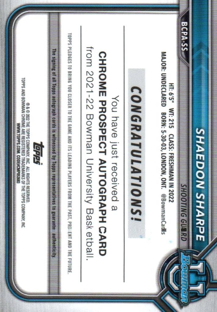 Shaedon Sharpe Autographed 1st Bowman Chrome Prospects Auto Collectible Basketball Card - 2022 Bowman University Basketball Card #BCPA-SS (Kentucky)