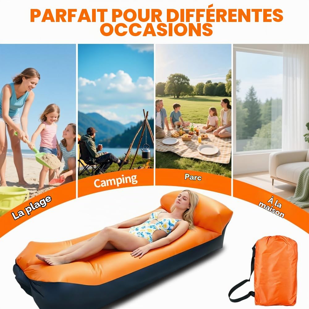 Canapé Gonflable, 230 x 70 cm Hamac Gonflable, Imperméable Canapé Gonflable Camping avec Un Sac de Transport Confortable Portable Idéal pour Le Camping, la Plage, Le Parc et Les Voyages