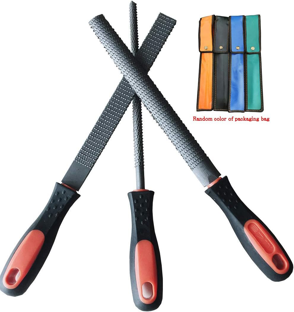 8" Wood Rasp File Set with Rubber Grip - includes Hand Cut Round, Half-round, and Flat Rasp File Kit - Curved and Flat Tools(3 Pcs) The Color of Packing bag is random