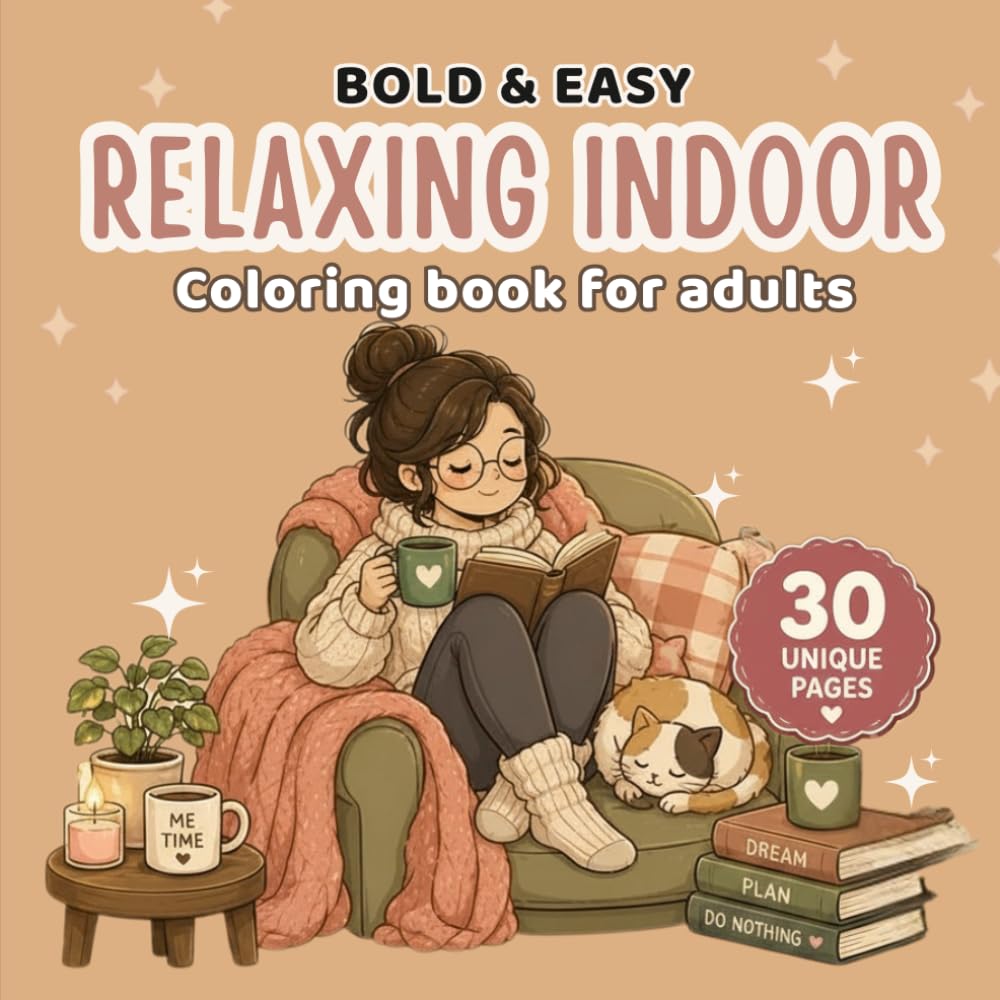 Bold and Easy Relaxing Indoor Coloring Book for Adults: 30 Simple Cozy Scenes with Cats, Coffee, Rainy Days and Stress Relief Coloring Pages (Bold & Easy Coloring Collection)