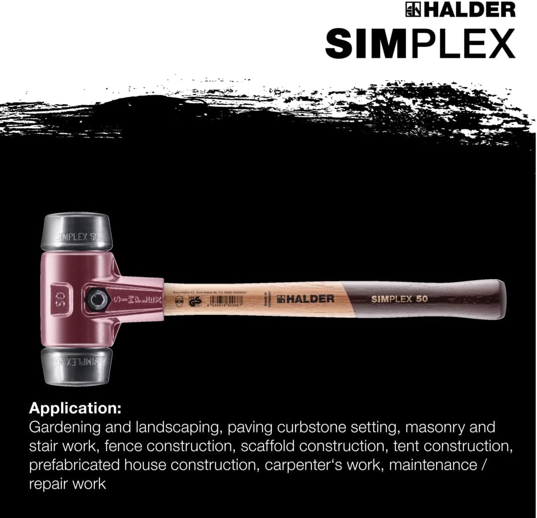 Halder Simplex Mallet 50mm – Medium-Hard Rubber Inserts, Cast Iron Housing with Protection Sleeve, Varnished Hickory Handle, Professional Soft Hammer for Construction, Paving & Carpentry – 3002.050
