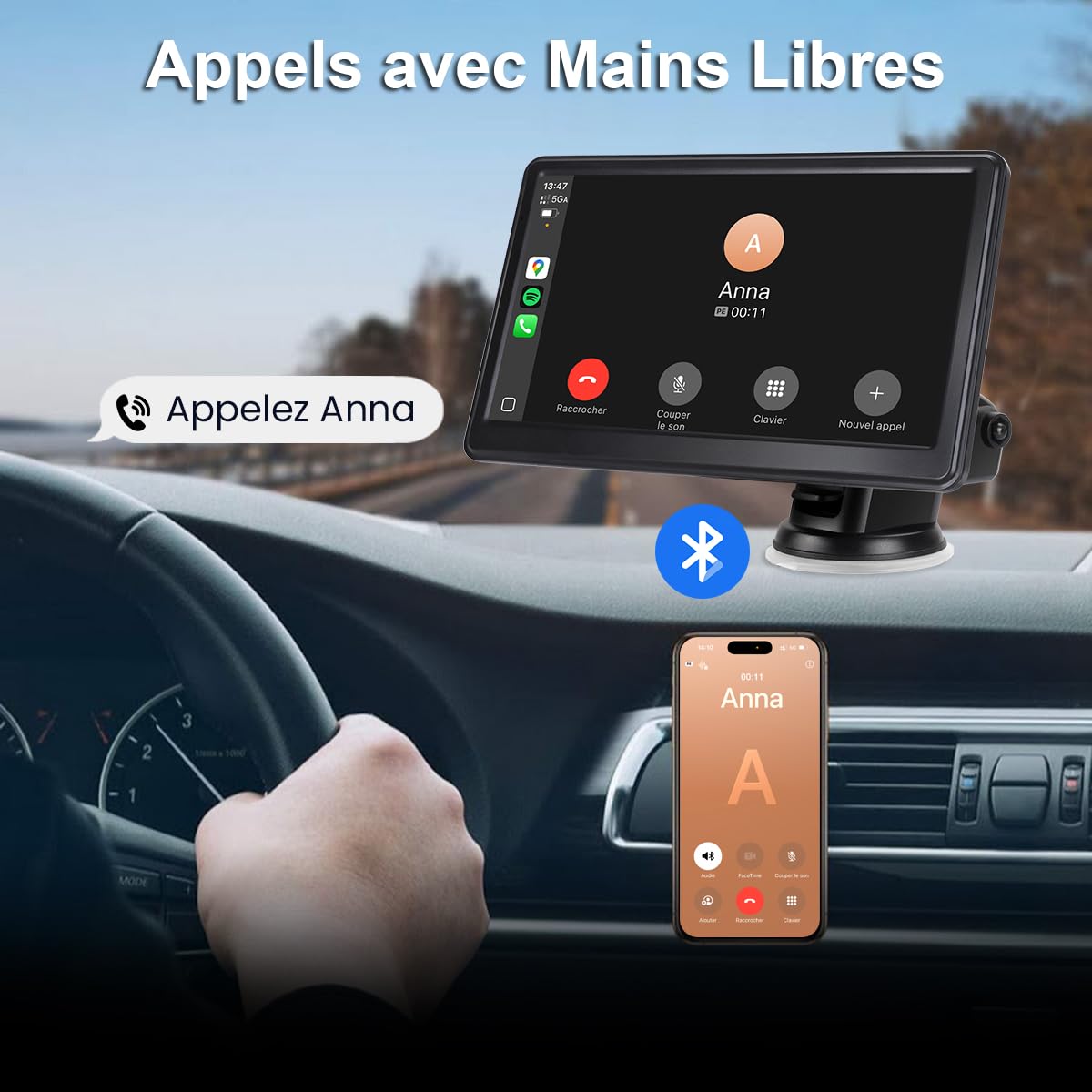 Autoradio sans Fil, CarPlay Voiture & Android Auto, Portable Stéréo de Voiture avec Contrôle Vocal, Navigation GPS, FM, MirrorLink, Bluetooth Appels avec Mains Libres (7" & Caméra de Recul)