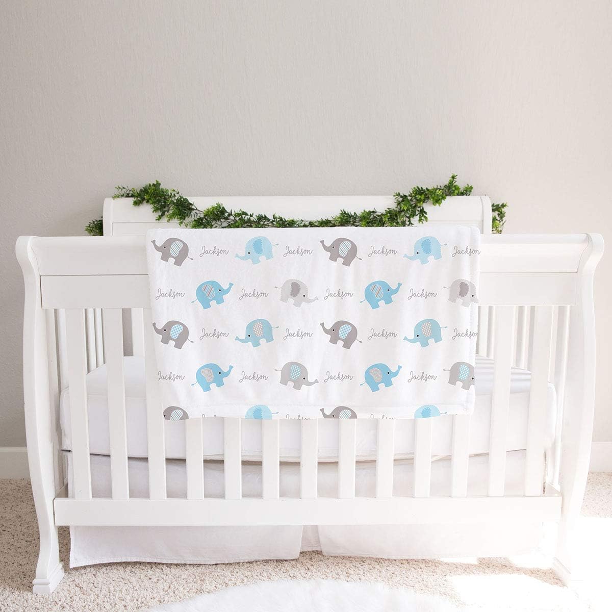 Personalized Elephant Fleece Baby Boys Blanket, White/Blue