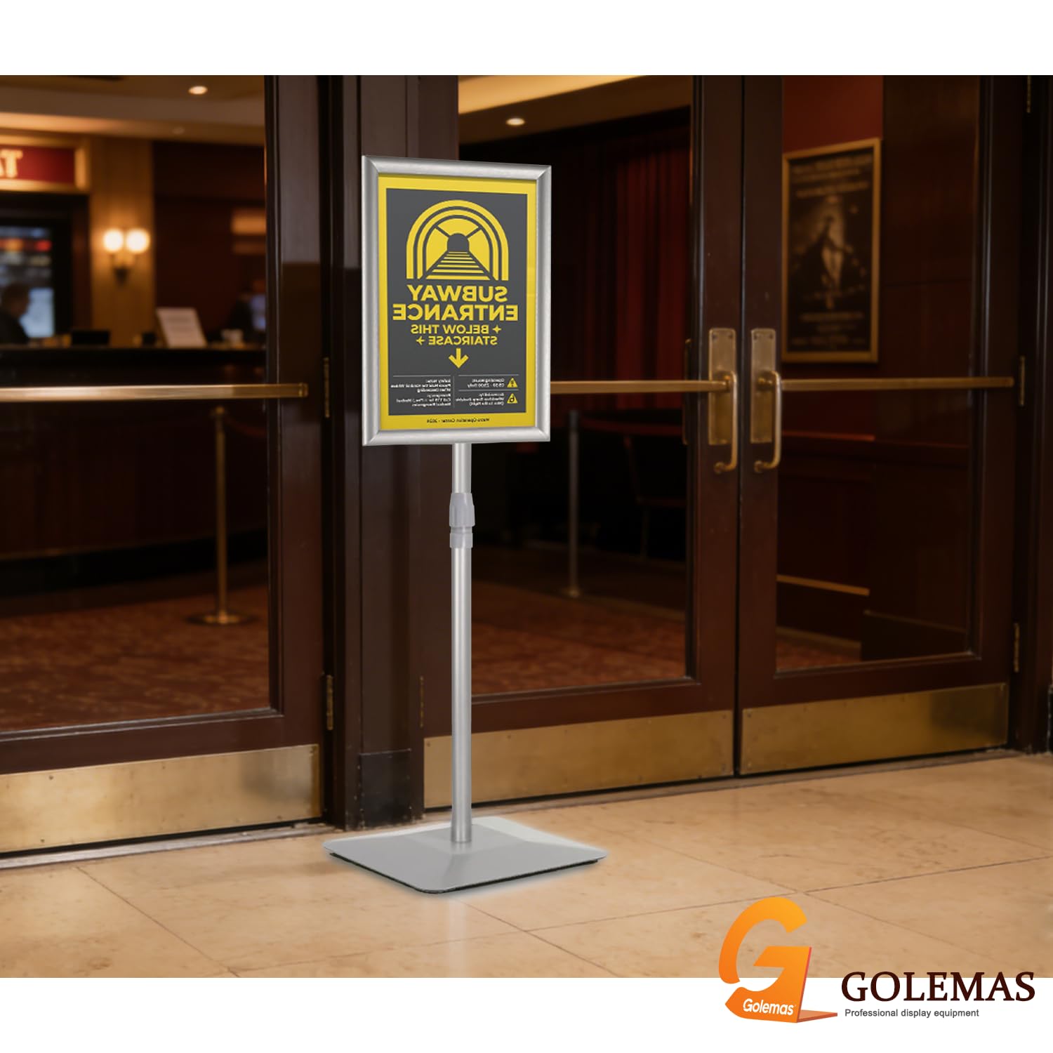 Soporte ajustable para carteles, con base de hierro mejorada, soporte de señalización de suelo de pedestal para publicidad en exteriores o interiores (8.5 x 11 pulgadas, plateado)
