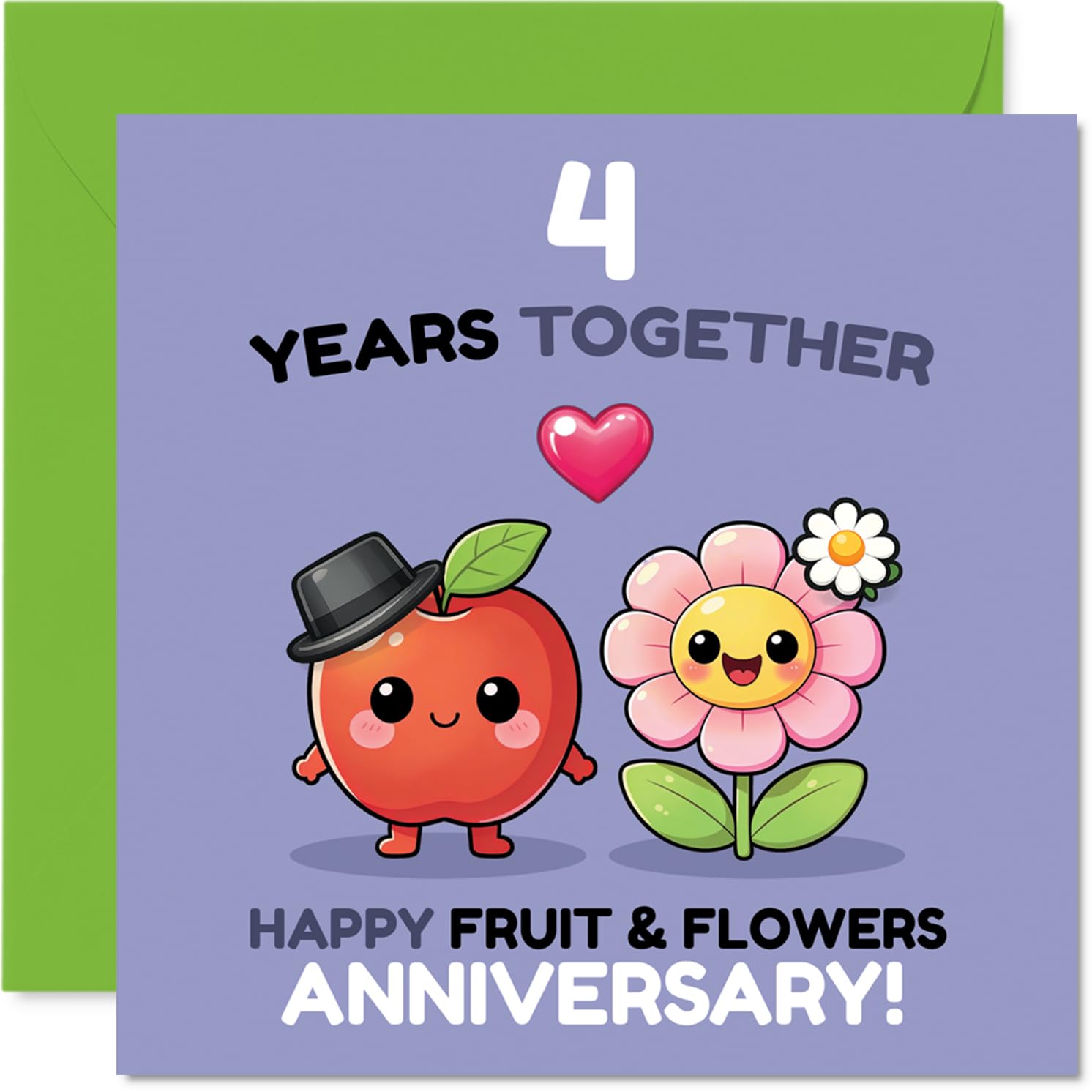 Playful 4th Anniversary Card - Four Fruity Years - Adorable Apple and Flower Cartoon Duo Celebrating Together - 145mm Square, Envelope Included