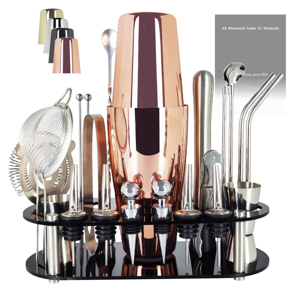 22-Piece Cocktail Shaker Set, 25/20oz Bartender Kit, Bartending Stainless Steel Bar Tools Sets for Drink Mixing, Boston Cocktail Shakers with Stand Recipes Booklet (Rose Gold-25-20oz)