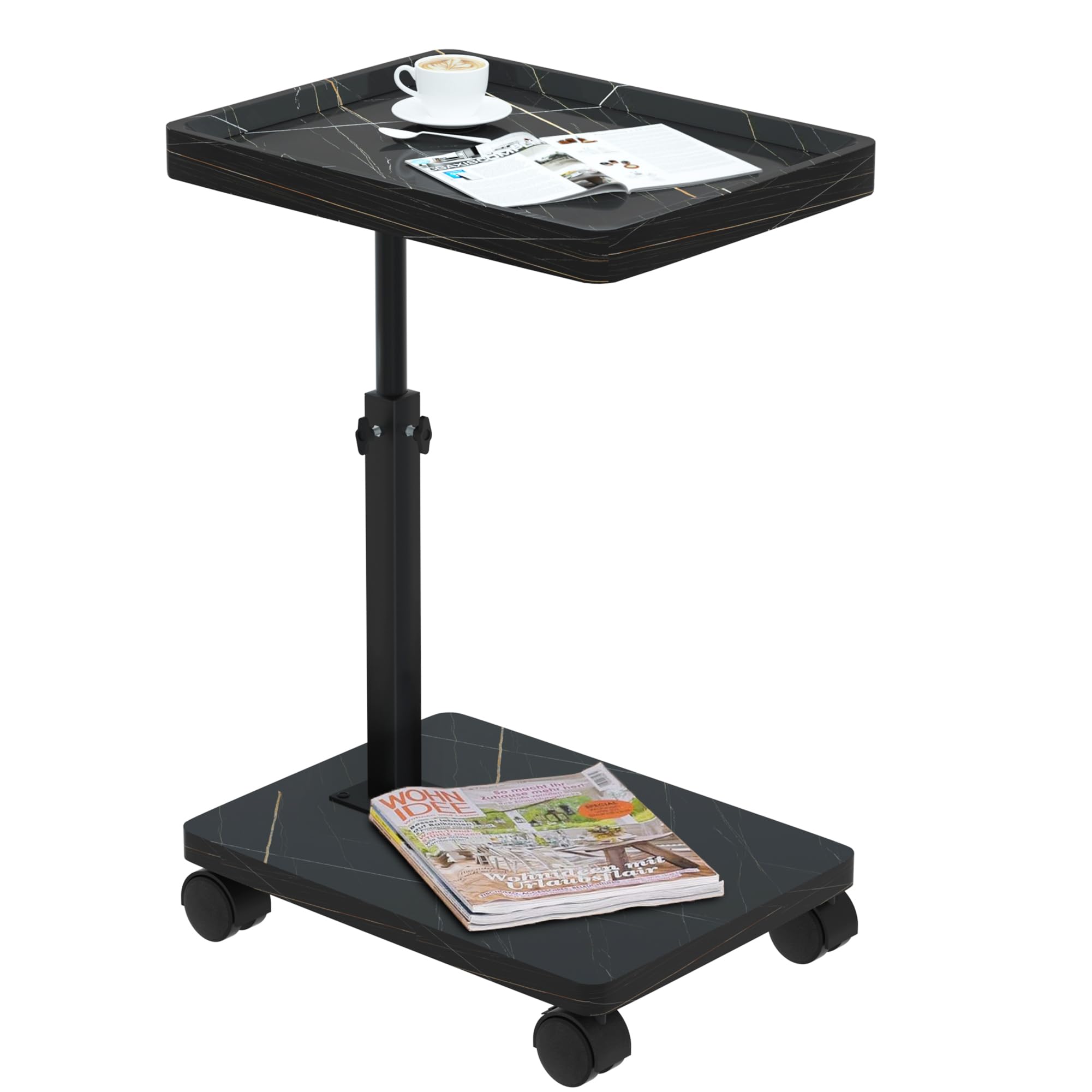Table D'appoint - Table Dappoint avec Roulettes - Bout de Canape Hauteur Réglable (45-80 cm) et Rotative à 360° - Bout de Canape Bois Facile à Monter - Petite Table Basse pour Salon Balcon Chambre