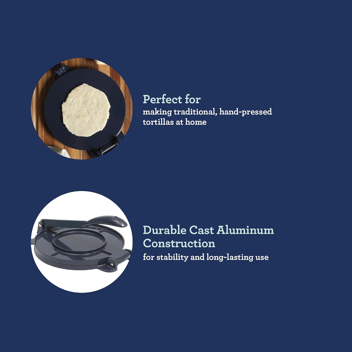 Oster Ravello 8-Inch Cast Aluminum Tortilla Press and Roti Maker – Traditional Flatbread Press with Glossy Blue Finish