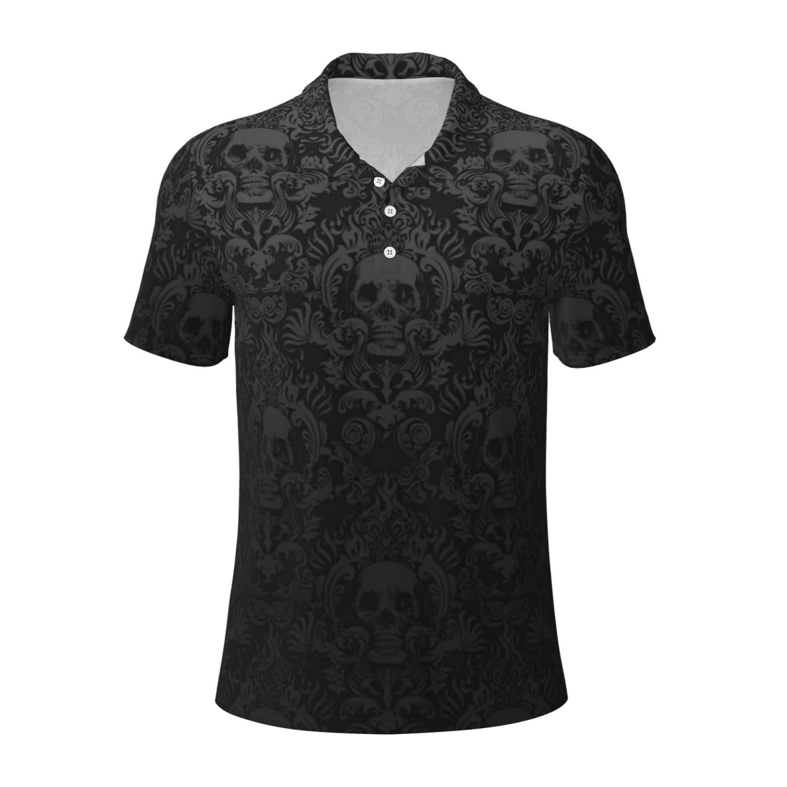 Longzehao Mens Gothic Wallpaper Skull Print Polo Shirts Performance Short Sleeve Quick Dry Athletic Golf Casual Shirt, Black, XL