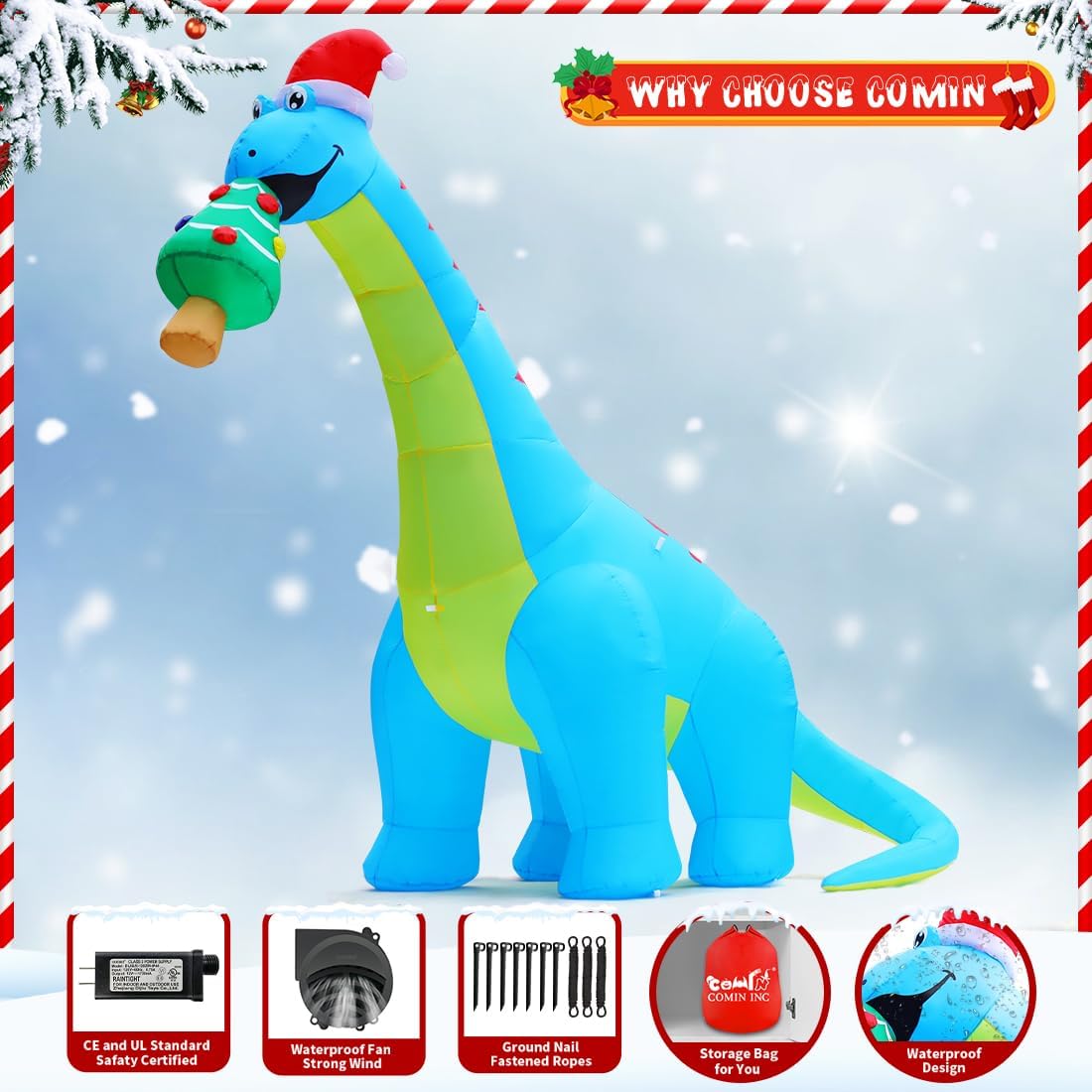 COMIN 10FT Christmas Inflatables Outdoor Decorations, Blow Up Dinosaur Eat Christmas Tree Shake Dinosaur with Built-in LEDs for Christmas Indoor Outdoor Yard Lawn Garden Decorations