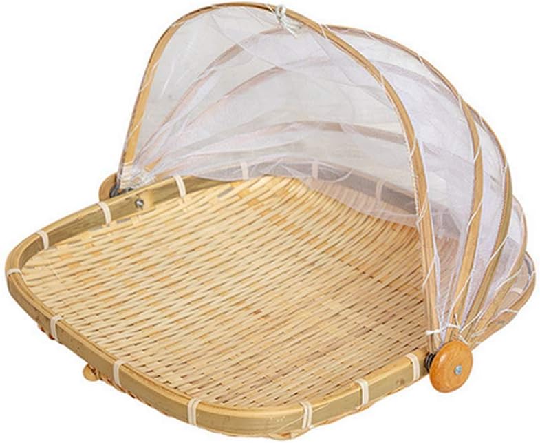 Bamboo Tent Basket Food Serving, Mesh Cover, Hand Woven Insect Bug Proof, Dustproof Fruit Vegetable Bread Storage Container for Picnic, Outdoor, Home Drying (Square,S)