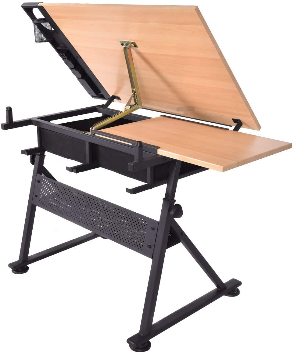 RELAX4LIFE Zeichentisch Höhenverstellbar Neigbar mit Schubladen & Hocker, 110 x 69,2 x 73,5-98 cm, Architektentisch mit Zwei Tischplatten, Professionaler Kunsttisch aus Holz