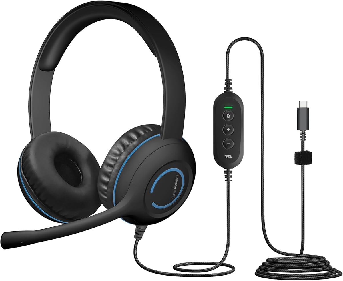 Cyber Acoustics USB-C Stereo Headset (AC-5014) – Durable, Crisp, and Clear Communication in Classrooms and at Home; in-Line Controls for Volume and Mic Mute : Electronics