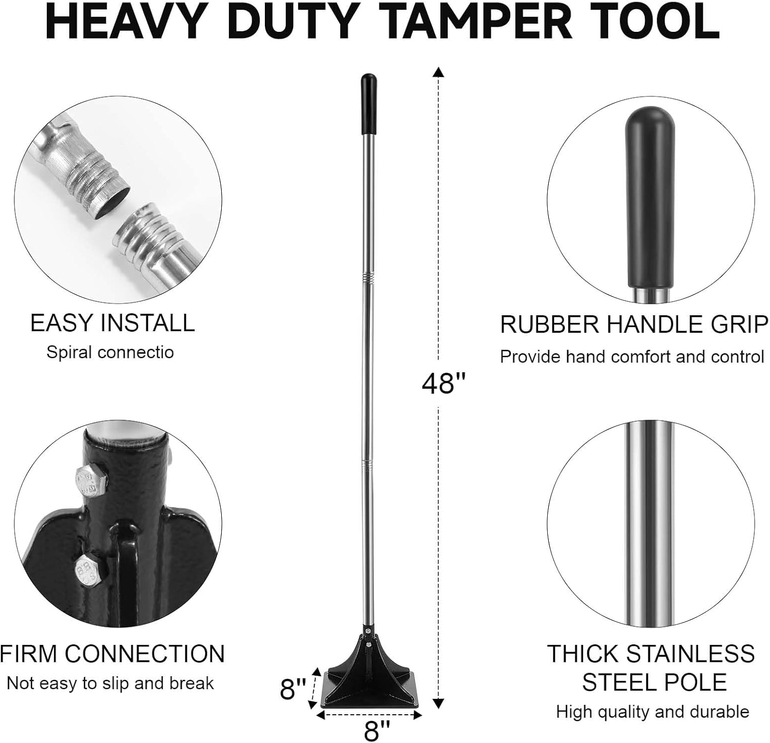 Steel Tamper Tools, 8x8 Inches Handheld Rammer with Rubber Grip, Laborsaving Design for Soil, Asphalt, Gravel and Repairing Blacktop, Detachable Garden Tool for Ground & Gravel Leveling