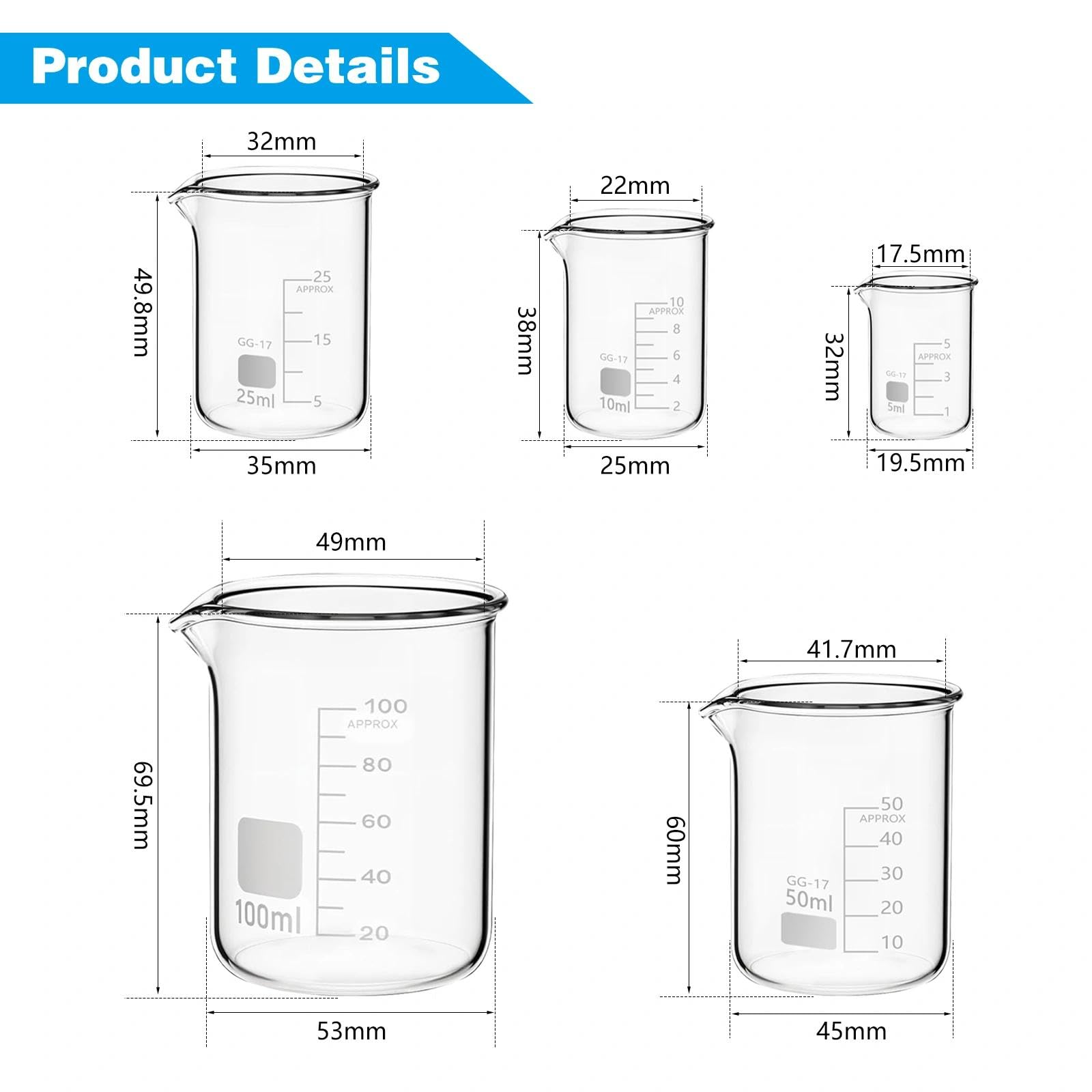 Zestaw szklanych zlewek 100 ml 50 ml 25 ml 10 ml 5 ml, 5 szklanych zlewek miarowych z borokrzemianu szkła do laboratorium, klasy i użytku domowego