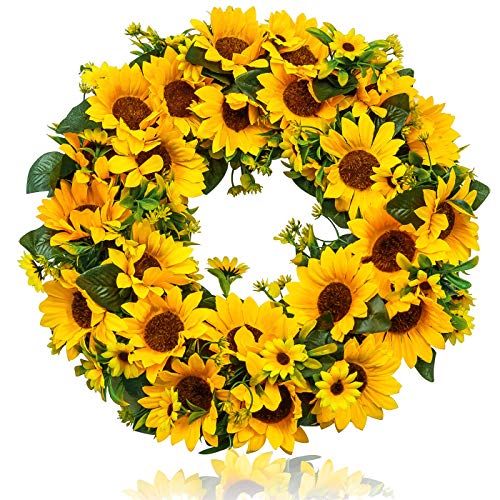Heflashor Spring Sunflower Wreath For Front Door, 15'' Spring Artificial Sunflower Silk Flower Door Wreath Yellow Flower Wreath,Spring Summer Wreath For Outdoor Wall Windows Home Decor #TOP7