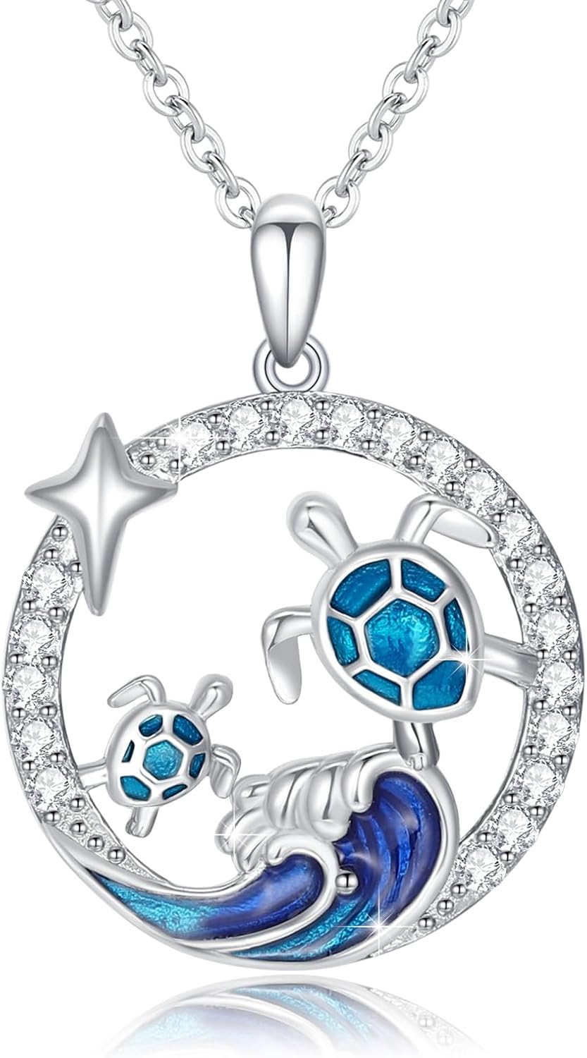 OHAYOO Sea Turtle Necklace 925 Sterling Silver Ocean Animal Pendant Necklace with Octopus, Shark, Seahorse, and Turtle Charms, Hawaiian Ocean Jewelry Gift for Women Turtles Lovers