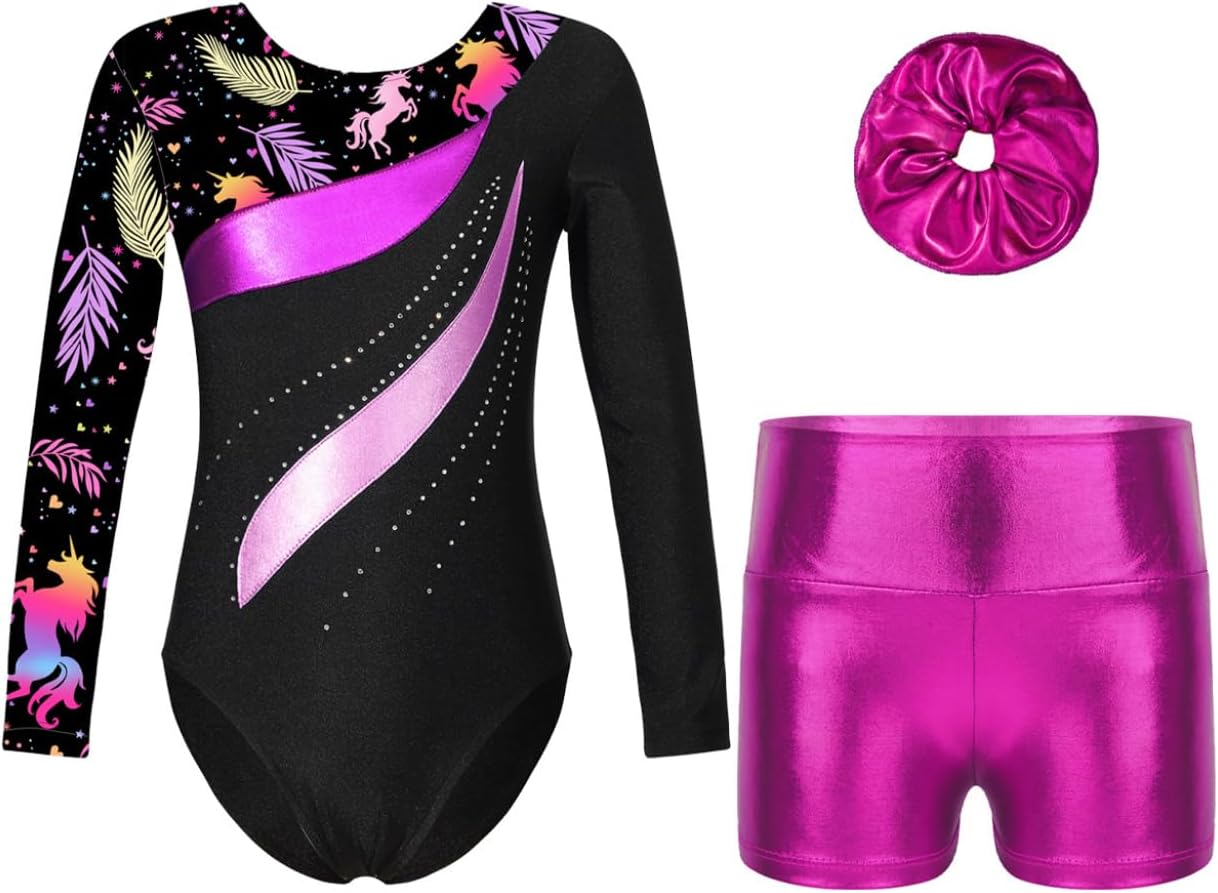 JanJean Girls Kids Long Sleeve Leotard Gymnastic with Metallic Sports Shorts Set 2pcs Athletic Tracksuit Dance