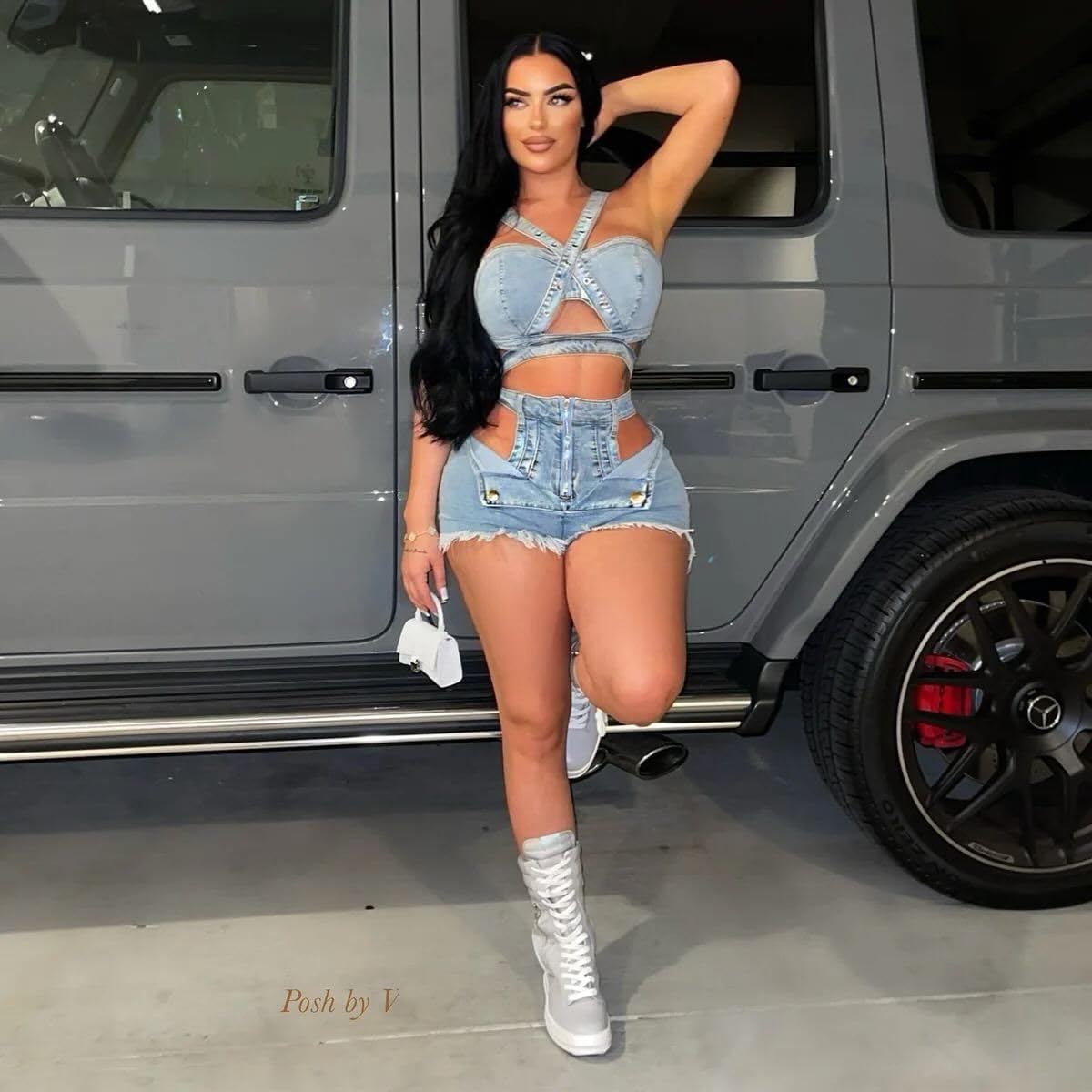 Molilove 2 Piece Denim Outfits Sexy Sleeveless Crossover Cami Top Hollow Out Jean Shorts Set Summer Y2K Tracksuit