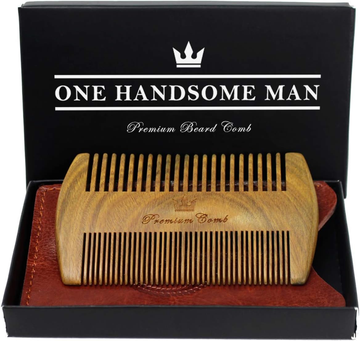 Beard Comb Kit by One Handsome Man - Sandalwood Beard Comb with PU Leather Case and Gift Box - Perfect Gifts For Him or Boyfriend Gifts - Ideal Gift For Men