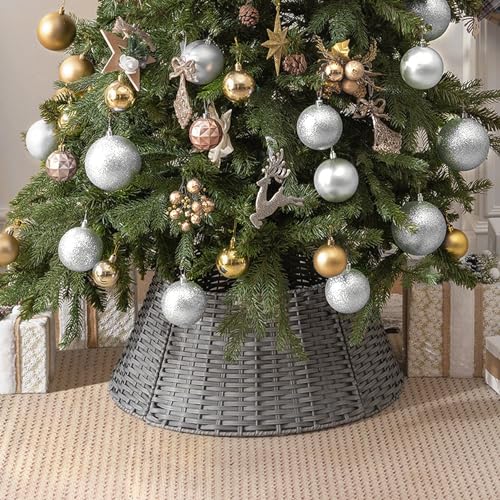 GRANNY SAYS Tree Collar for 4-7.5 ft Tree, Christmas Wicker Tree Collar, 22½' D Christmas Tree Stand for Champagne Tree, Beautiful Tree Skirts, Basket for Bottom of Christmas Tree, Gray