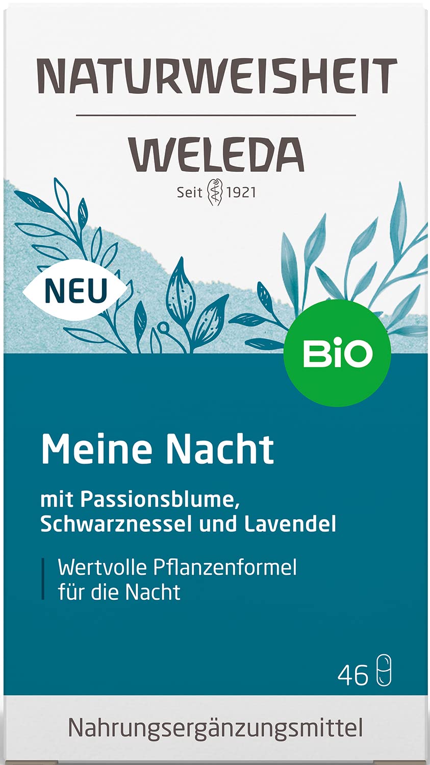 WELEDA Bio Naturweisheit Meine Nacht, Nahrungsergänzungsmittel Einschlafhilfe mit Ashwagandha, Baldrian, Passionsblume & Lavendel für einen gesunden Schlaf (46 Kapseln, laktosefrei, glutenfrei, vegan)