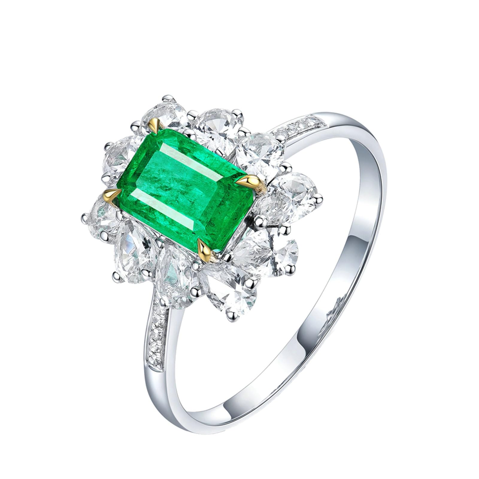 Anello di fidanzamento o matrimonio, in oro bianco 750, 585, 375, con fiore con smeraldo da 1 carato e moissanite, misura 47 (15,0-65) (20,7)