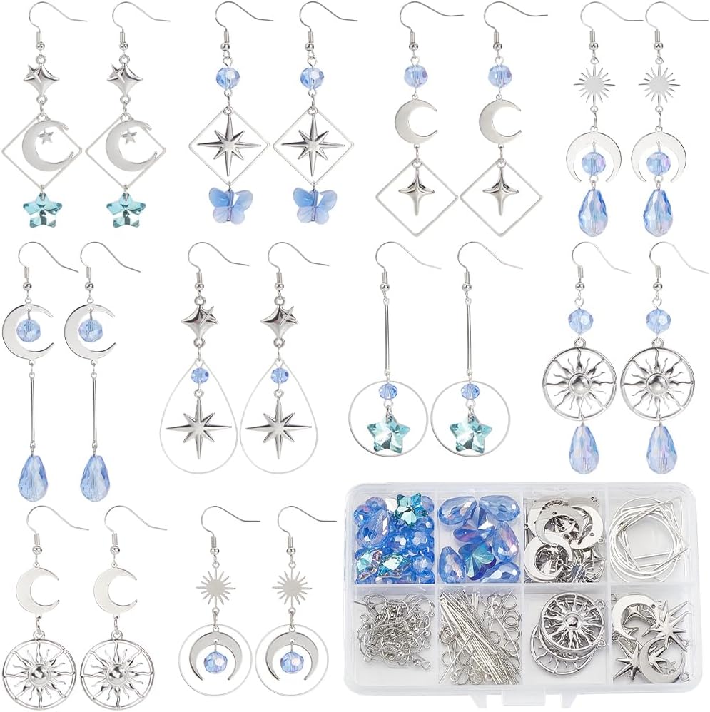 SUNNYCLUE 1 Box DIY 10 Pairs Moon Earring Making Kit Silver Moon Star Charms Blue Glass Moon Sun Clear Star Brass Connectors Charm with Teardrop Square Beading Hoop for Jewelry Making Dangle Supplies