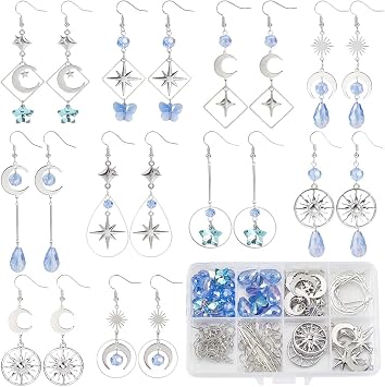 SUNNYCLUE 1 Box DIY 10 Pairs Moon Earring Making Kit Silver Moon Star Charms Blue Glass Moon Sun Clear Star Brass Connectors Charm with Teardrop Square Beading Hoop for Jewelry Making Dangle Supplies