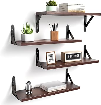 ROMGUAR CRAFT Wood Floating Shelves Set of 4, Rustic Storage Decor Wall Shelves, Wall Mounted Shelf for Living Room, Bedroom 17" x 6", Brown